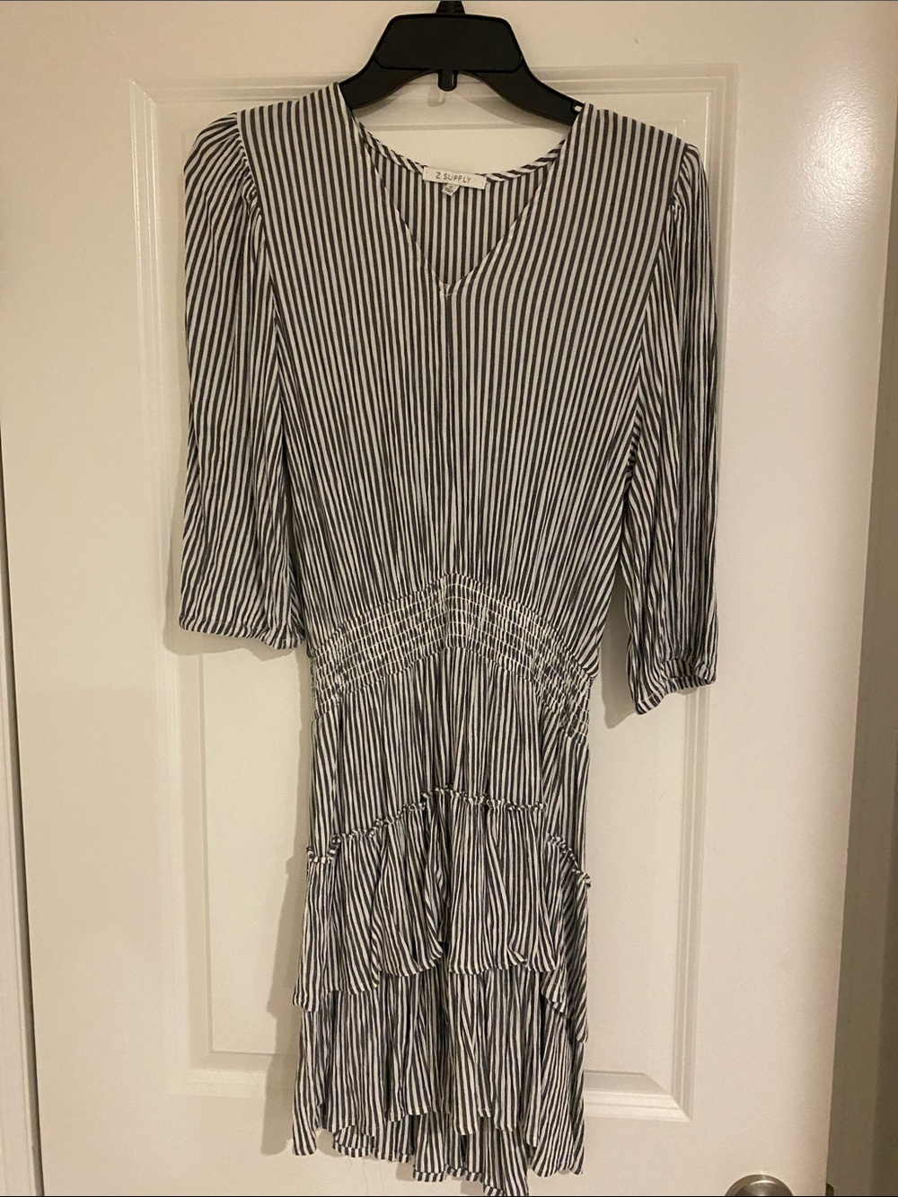Z Supply Black and White Vertical Stripe Smocked Tiered Midi Dress